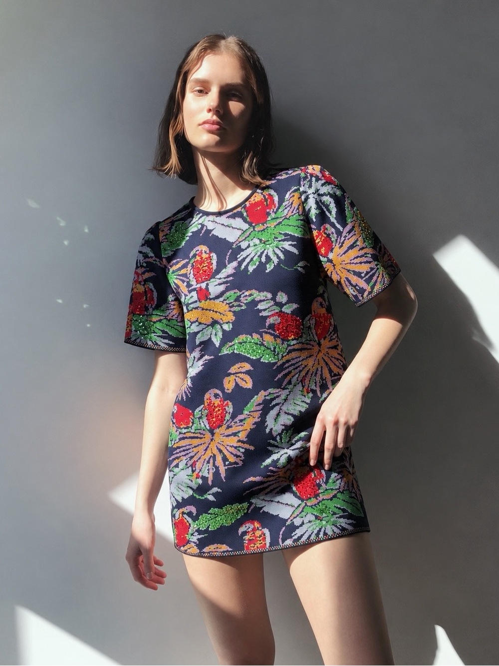Zara Woman Blue Floral Bird Tropical Sequin Jacquard Mini Dress SMALL Boho Party